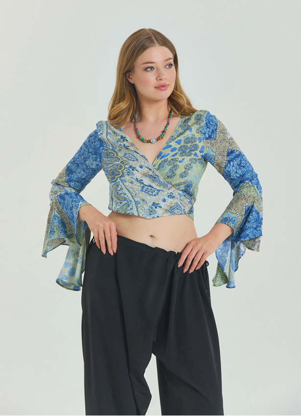 Tied Spanish Sleeve Blue Plus Size Blouse 4624